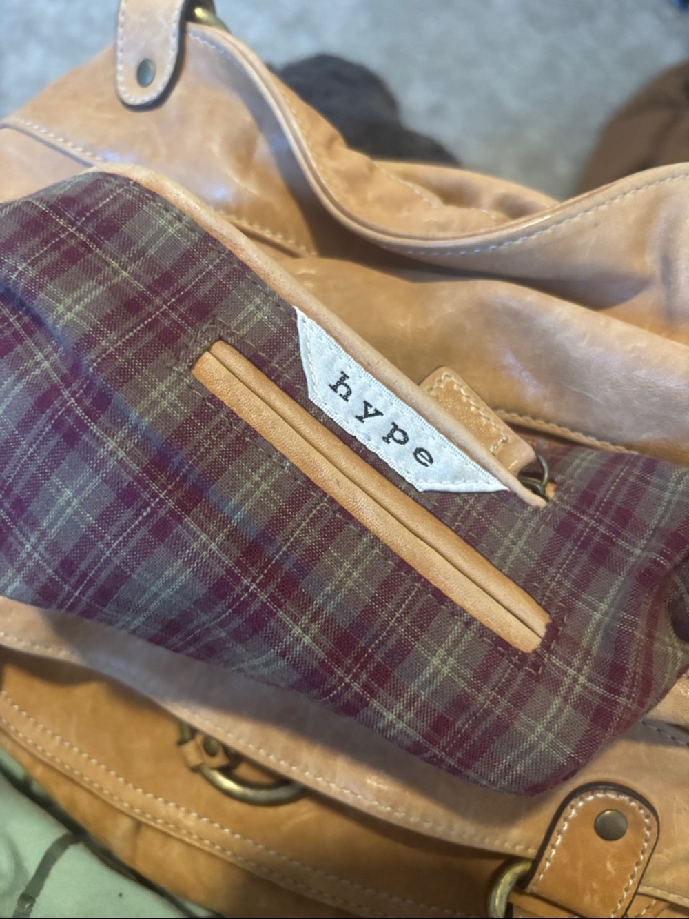 Hype Tan Tote with Burgundy and Olive Plaid Accent